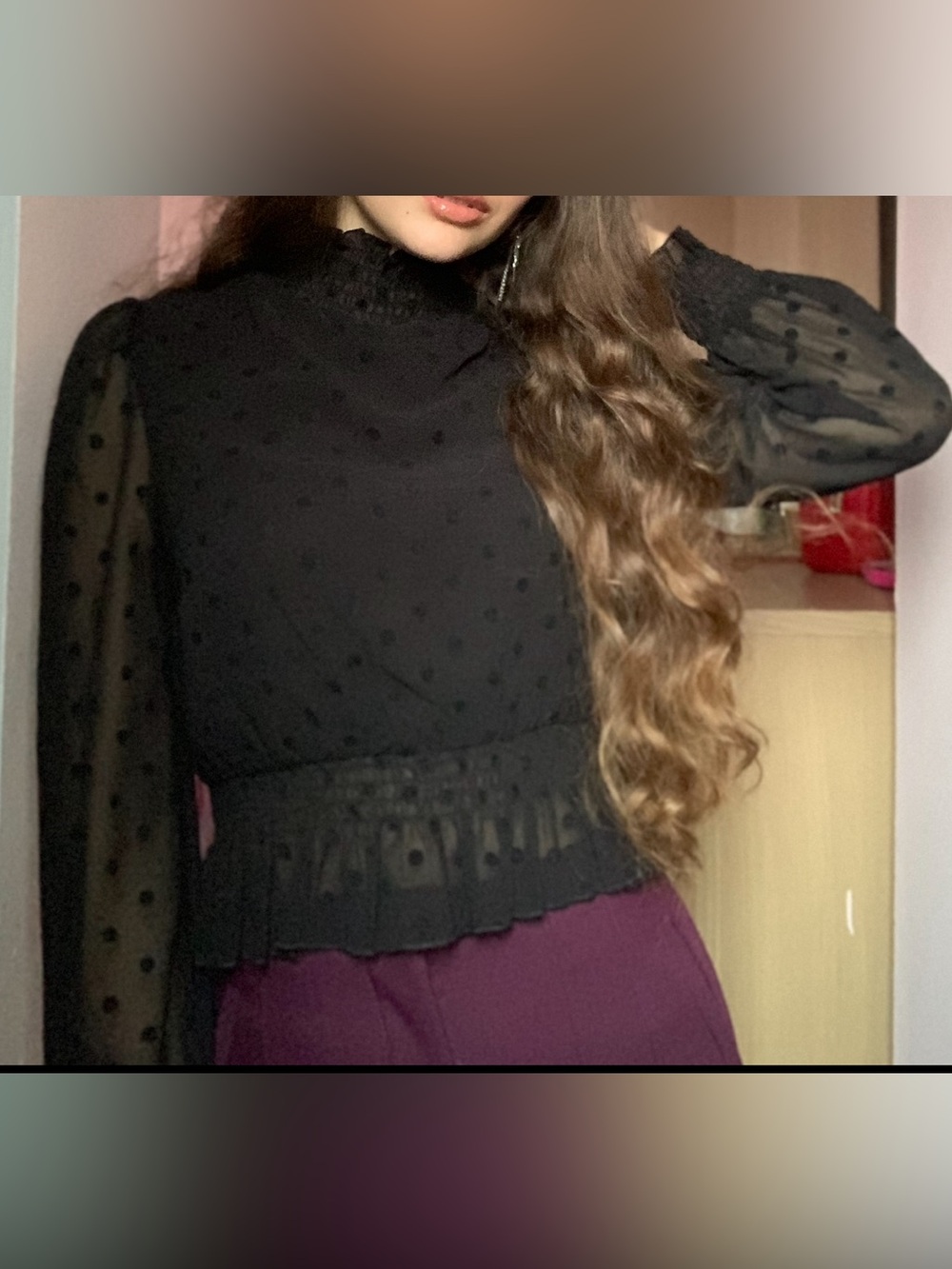 Lucy Paris Black Sheer Dot High-Neck Blouse